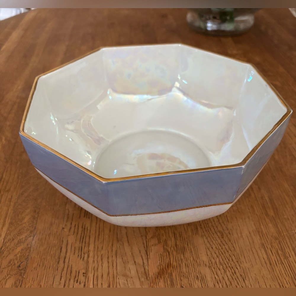 1940s  Japanese Lusterware Iridescent Octagonal Blue Bowl with Gold Trim